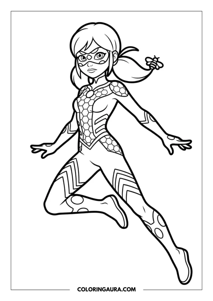 Outline of Queen Bee leaping through the air with grace, wearing her striped bee-themed superhero suit and mask with a cute bee accessory in her hair.