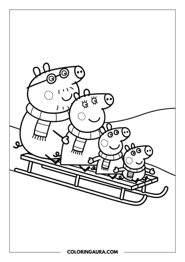 Line art coloring page showing the whole Pig family wearing cozy scarves while sledding down a gentle snowy hill on a wooden sleigh.