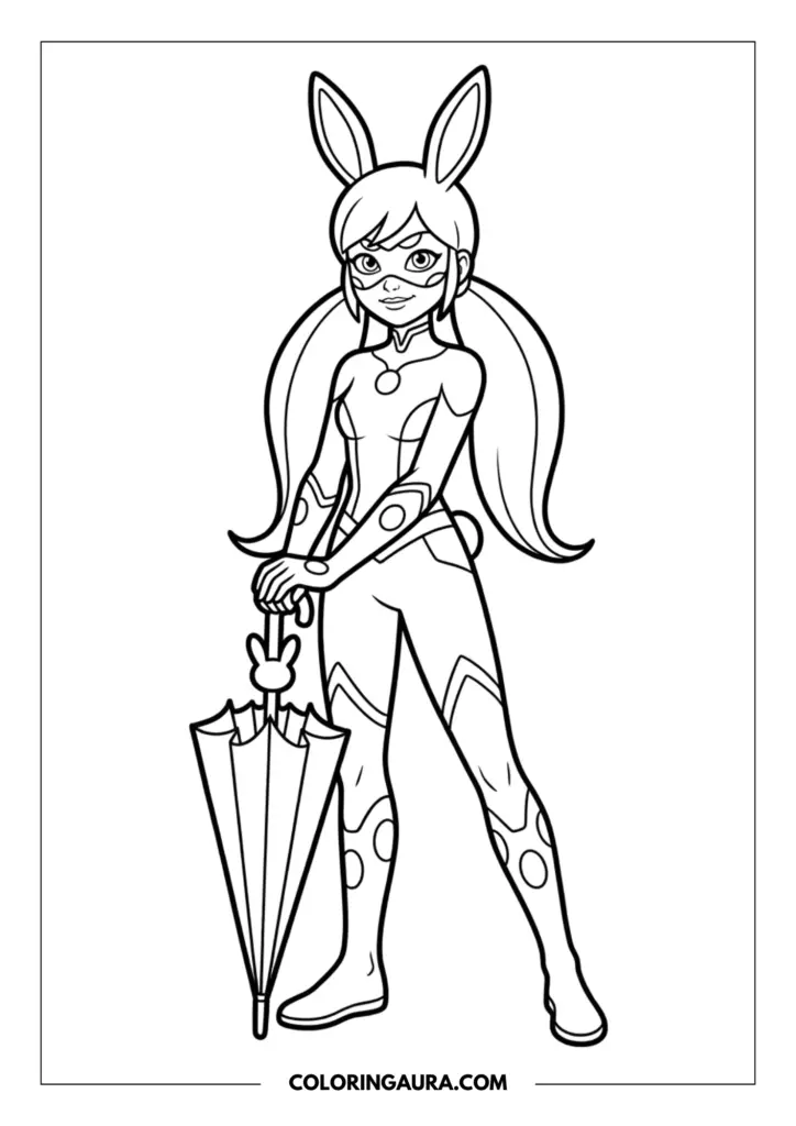 Line art coloring page showing the rabbit superhero Bunnix with tall ears, wearing her signature suit and holding a decorative closed umbrella.