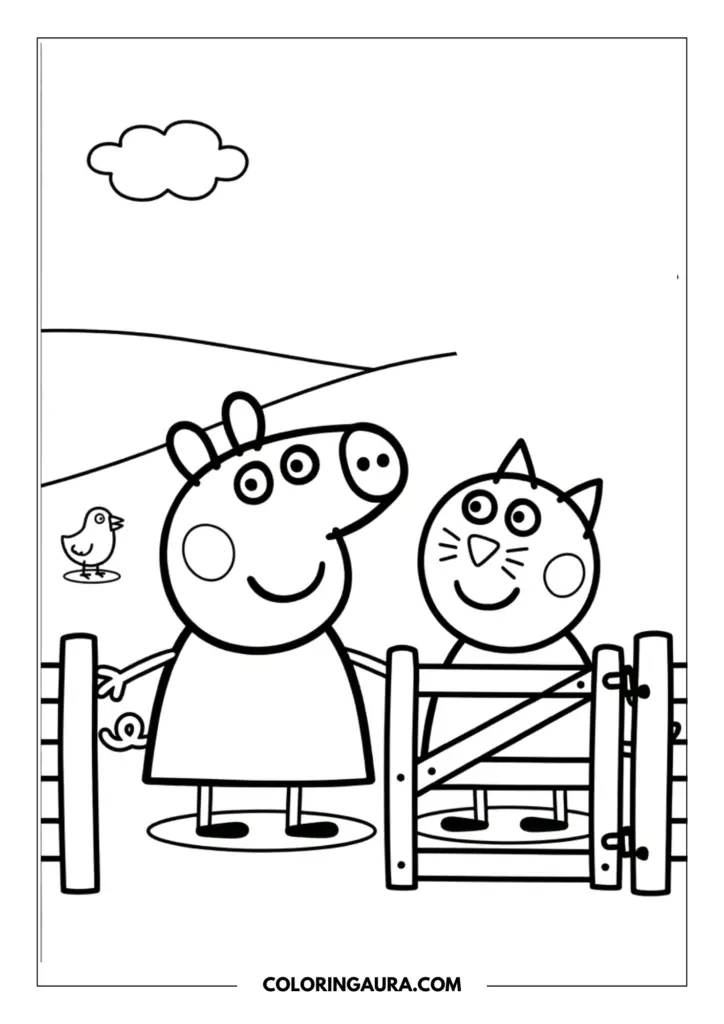 Outline of Peppa Pig and Candy Cat standing by a simple wooden farm gate in a meadow with a tiny bird and rolling hills in the distance.