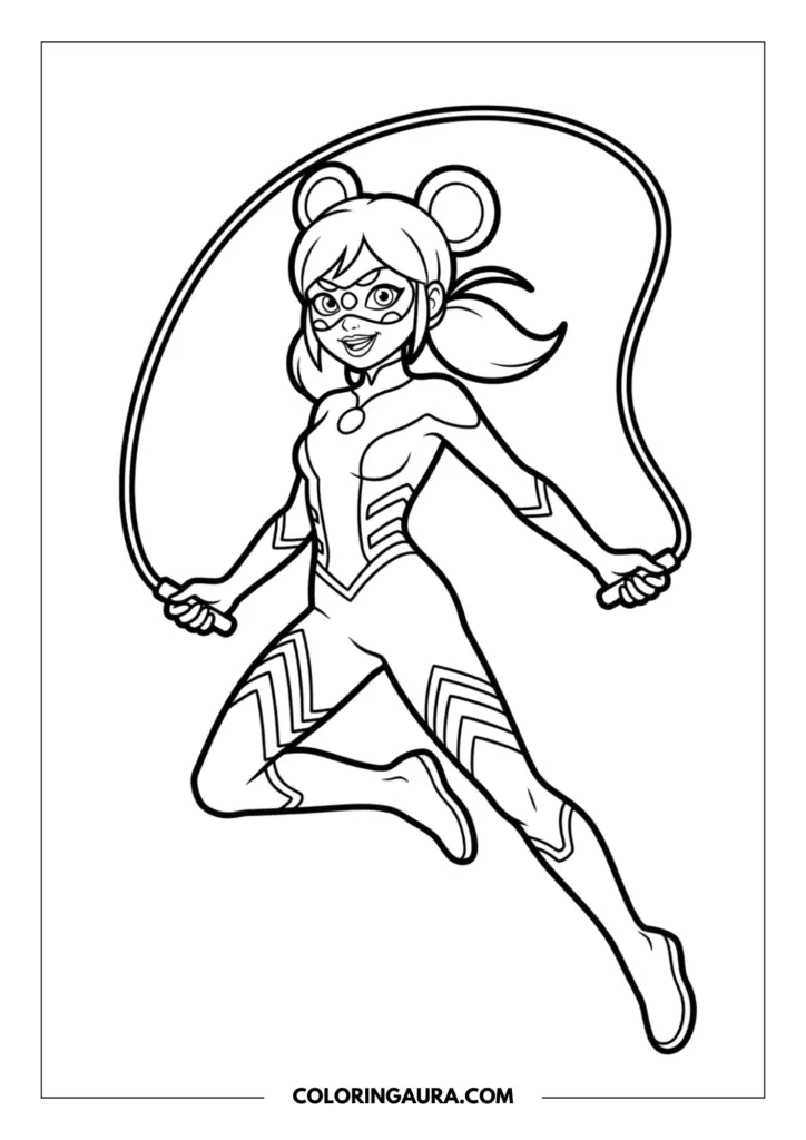 Outline of Multimouse jumping rope with a cheerful smile, featuring her round mouse ears, pigtails, and chevron-patterned superhero suit.