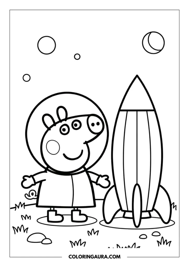 Line art coloring page showing George Pig in a round space suit standing next to a tall rocket ship on a lunar surface with stars and planets above.