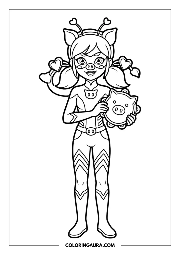Line art coloring page showing Pigella, the pig superhero, wearing heart-shaped antennae and holding a cute tambourine with a pig face on it.