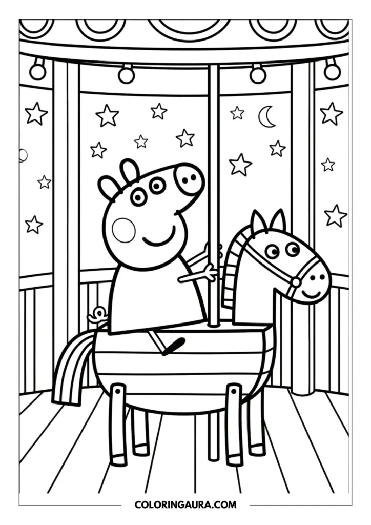 Line art coloring page showing Peppa Pig riding a wooden carousel horse at a fairground under a night sky filled with stars and a crescent moon.