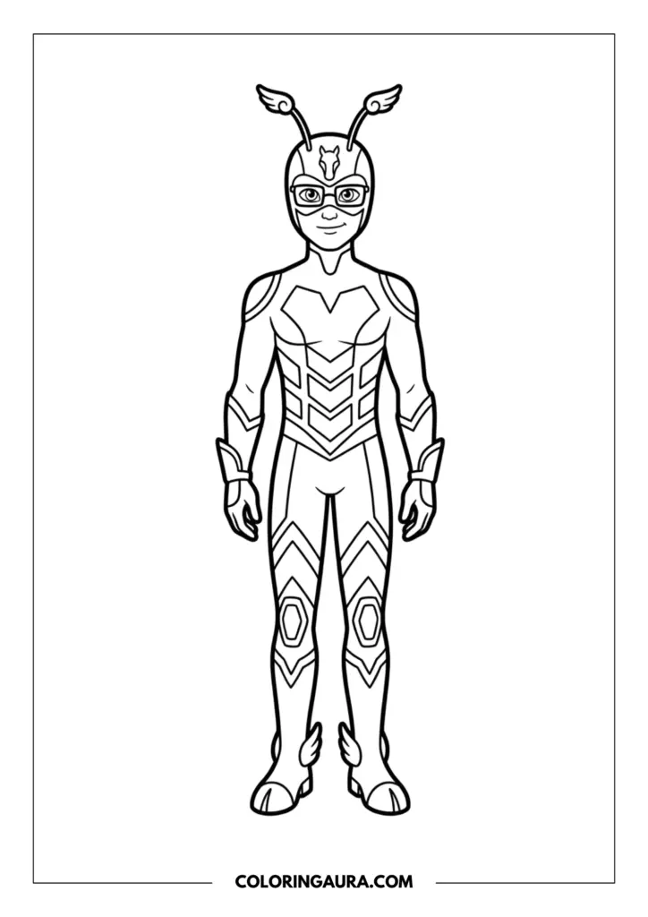 Line art coloring page showing the hero Pegasus standing in his sleek superhero suit, featuring a horse-themed helmet with winged antennae, glasses, and chevron patterns on the chest and legs.