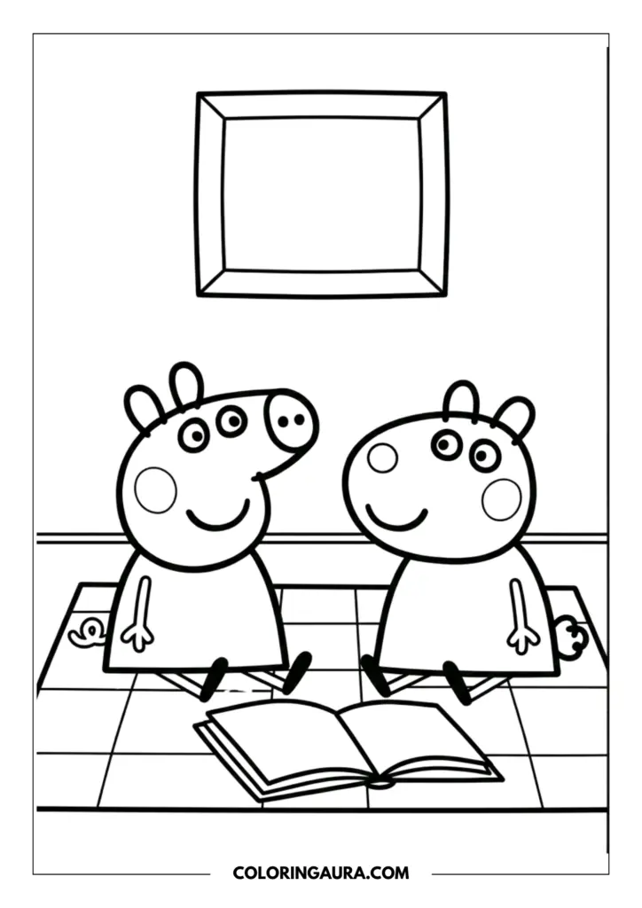 Outline of Peppa Pig and George Pig sitting on a checkered rug and sharing a storybook together in a peaceful, quiet room.