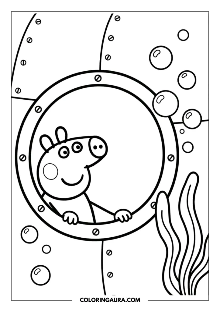 Line art coloring page showing Peppa Pig looking out of a round submarine porthole into the deep sea with bubbles and tall seaweed.