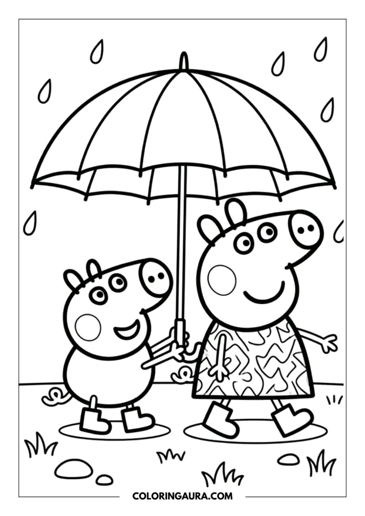 Outline of Peppa Pig and George Pig walking together under a large, protective umbrella in the rain while wearing their favorite boots.