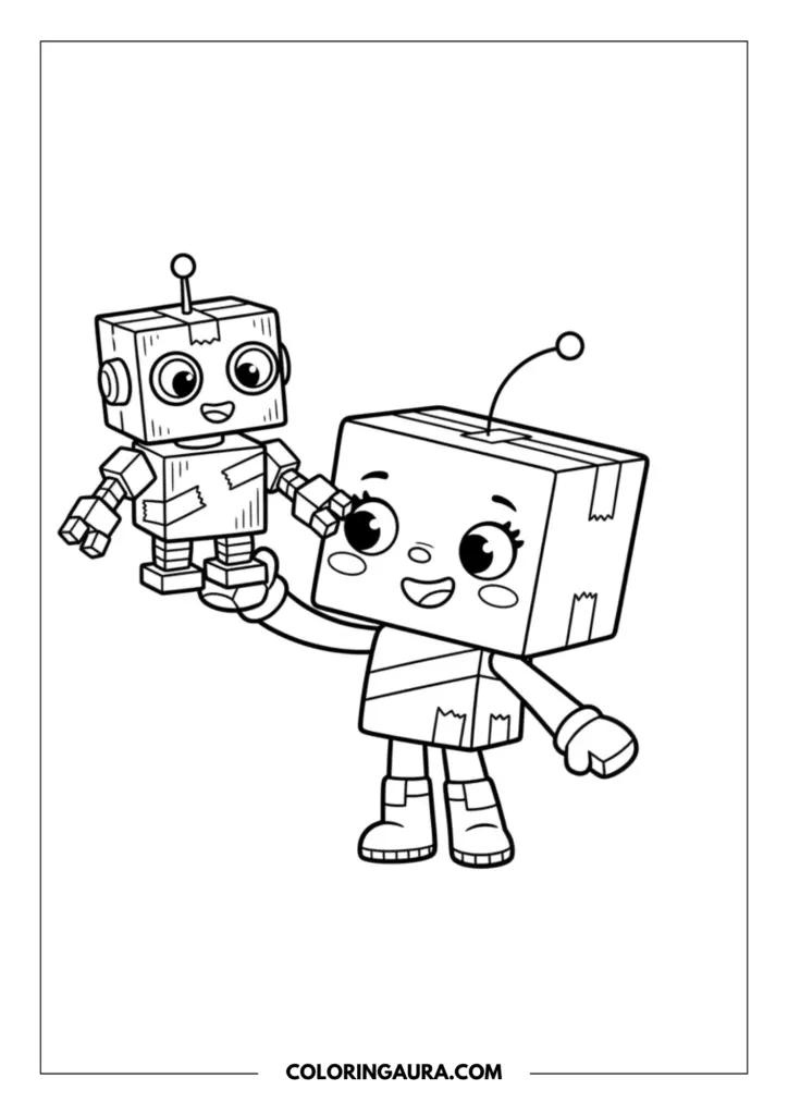 Outline of Baby Box from Gabby's Dollhouse smiling joyfully as she holds up a delightful, homemade robot crafted entirely from cardboard boxes and tape. The clean line art beautifully captures her box-shaped dress and the sweet, creative spirit of her craft project.