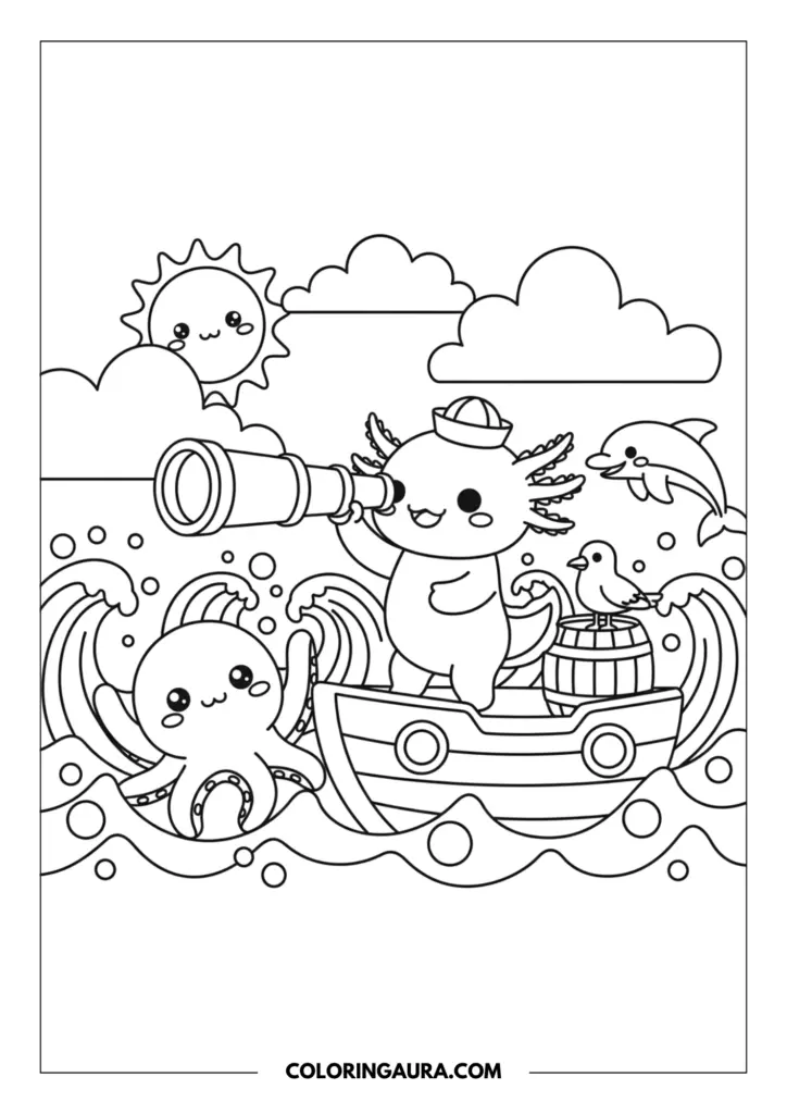 Line art coloring page showing a cute axolotl wearing a sailor hat, standing in a small wooden boat and looking through a long spyglass telescope. A cheerful octopus waves from the bubbly ocean waves, while a dolphin leaps in the background. A tiny seagull rests on a barrel inside the boat, under a bright smiling sun and fluffy clouds. Clean, thick outlines in a simple kawaii style.