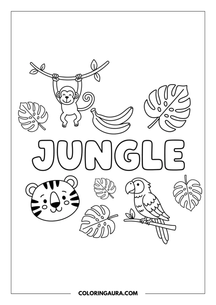 Line art coloring page showing a lively jungle doodle collage. The word "JUNGLE" is in the middle in bold bubble letters, surrounded by simple line art of a swinging monkey hanging from a vine, a sweet tiger face, a parrot perched on a branch, bananas, and large tropical monstera leaves.