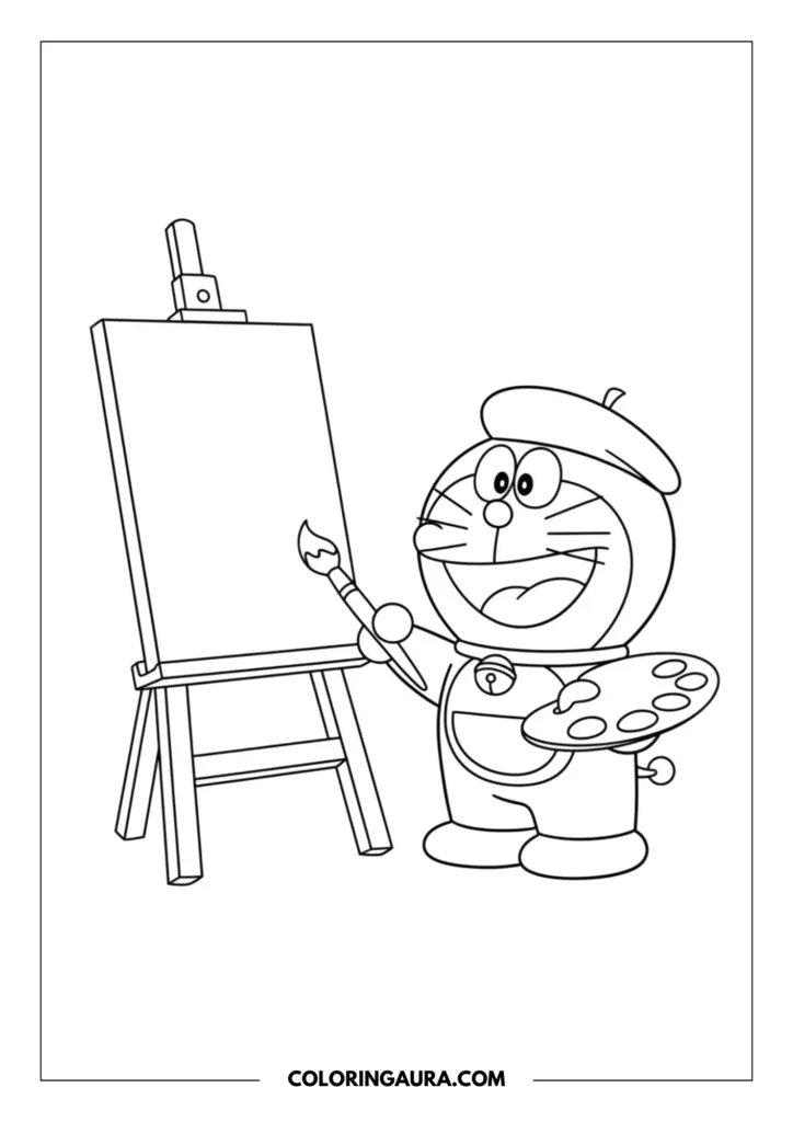 Outline of Doraemon dressed as a little artist wearing a French beret, holding a paintbrush and a paint palette, standing proudly next to a blank canvas on a wooden easel. Clear, thick outlines.
