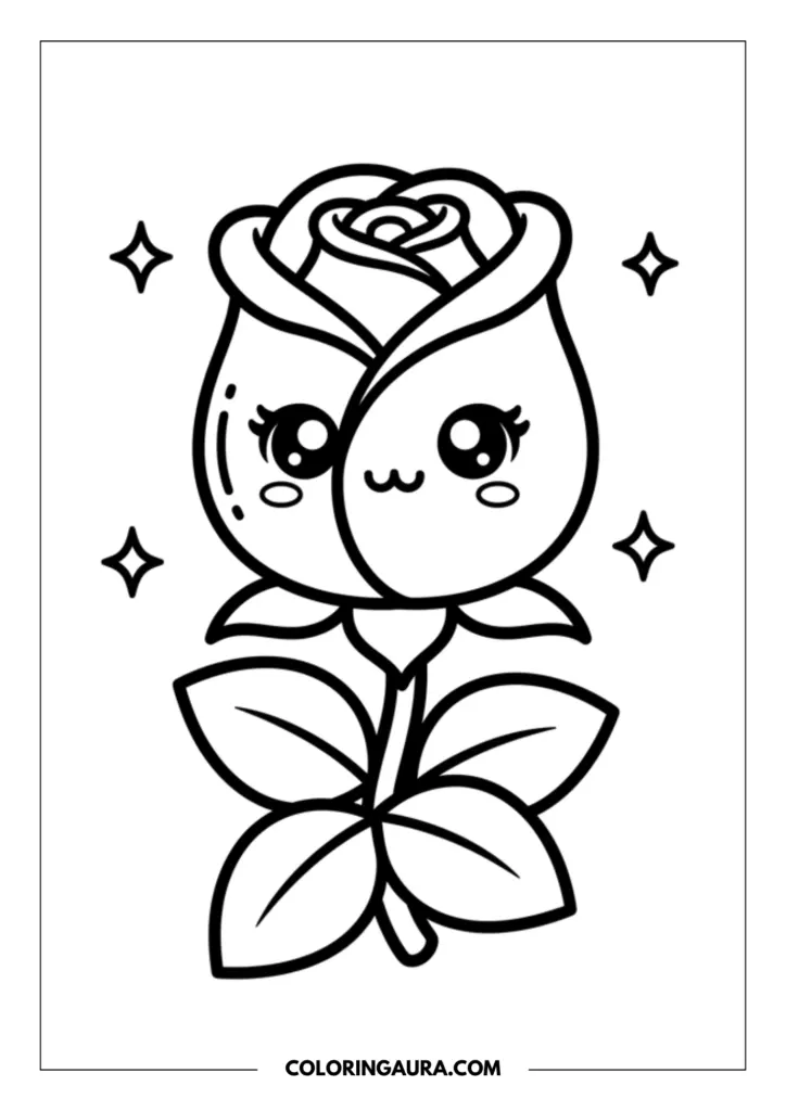 Outline of a beautiful kawaii rose flower with big, soulful eyes and a tiny smile, standing tall on a stem with leaves and surrounded by magical stars.