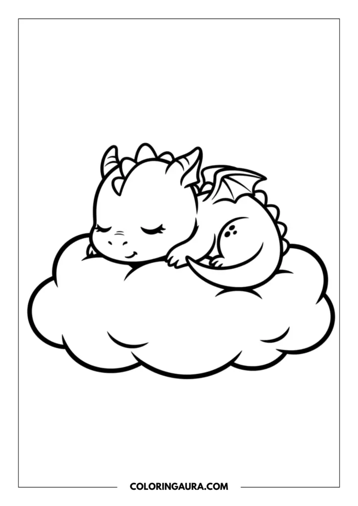 Line art coloring page showing a tiny, cute baby dragon with folded wings sleeping peacefully on a big, fluffy, soft cloud.