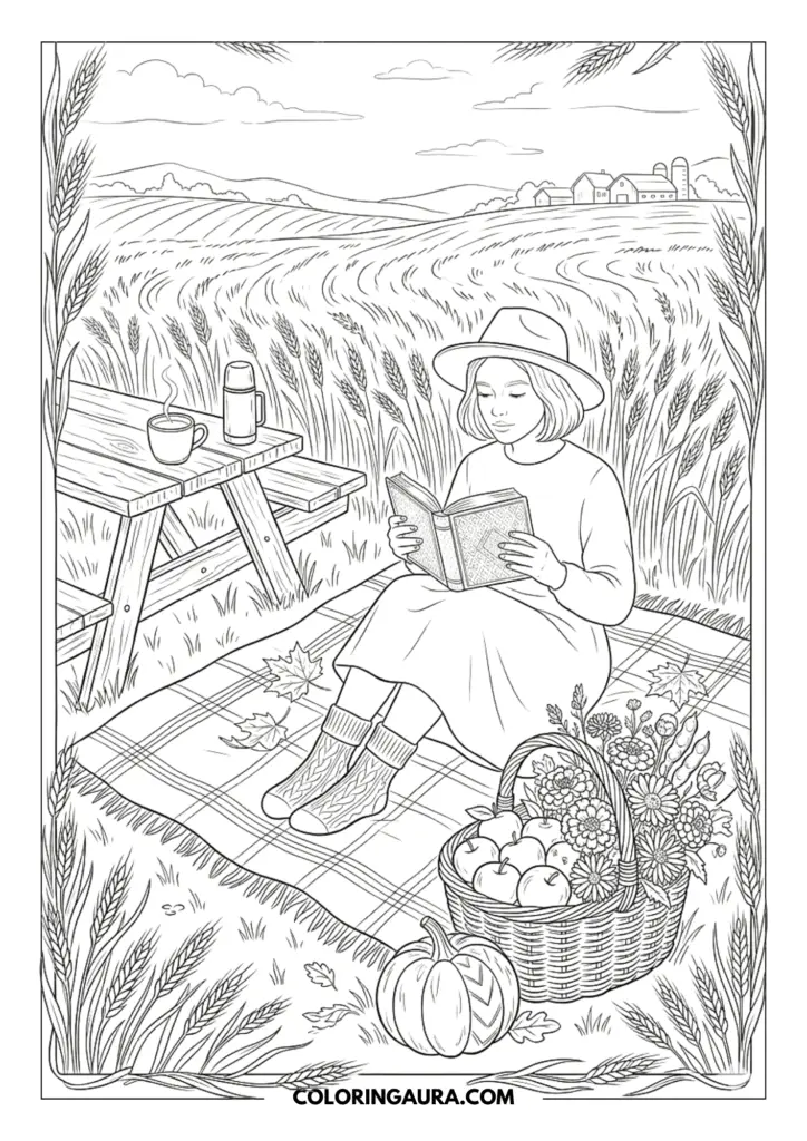 Outline of a girl in a sun hat reading on a checkered picnic blanket in a wheat field, featuring a basket of apples, pumpkins, and a distant farm.