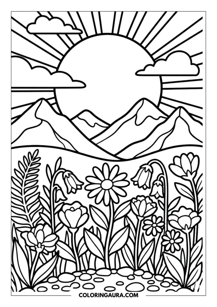 Outline of a beautiful mountain landscape with a large rising sun and fluffy clouds behind a field of daisies, tulips, and ferns with thick black outlines.
