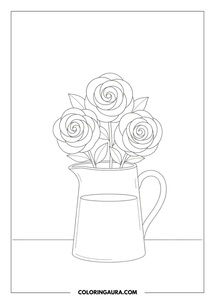 Outline of three large, swirling roses with simple leaves tucked into a classic ceramic water pitcher, creating a minimalist and romantic urban sketch.