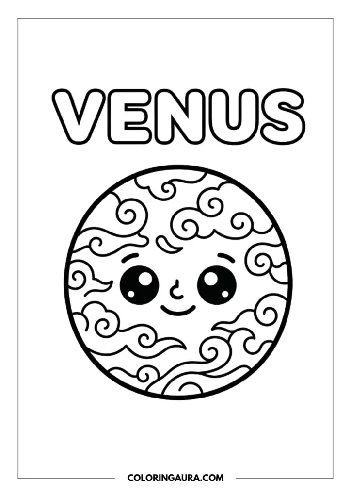 Line art coloring page showing the planet Venus adorned with dreamy, swirling cloud patterns and a bright, happy face with large eyes.