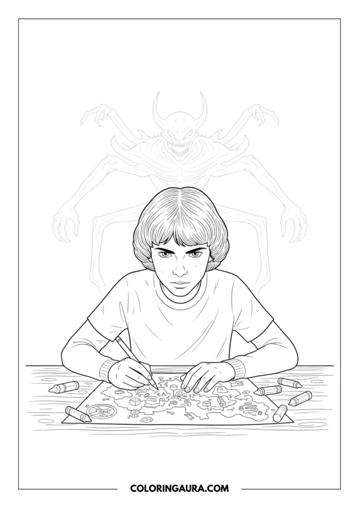 Outline of Will Byers from Stranger Things sitting at a wooden desk, intensely drawing a fantasy map with crayons. A shadowy outline of the giant Mind Flayer monster looms softly in the background above him, drawn in pure black-and-white line art without shading.