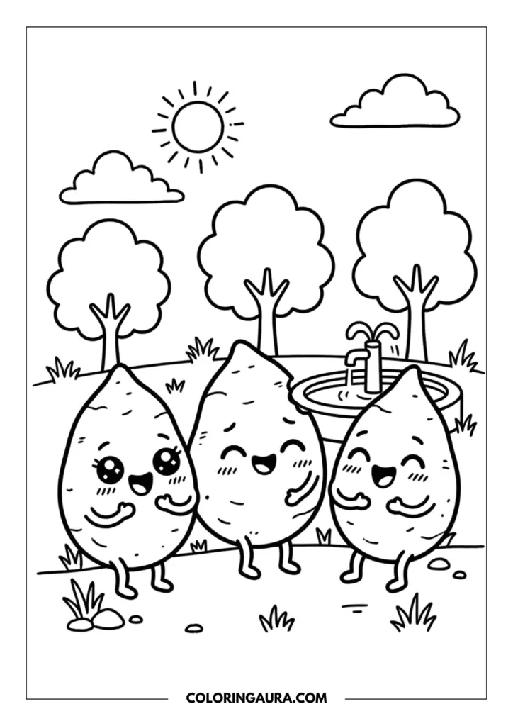 Line art coloring page showing three happy sweet potatoes with big sparkly kawaii eyes, gathered around a simple park fountain. Behind them are three round trees, a smiling sun, and clouds.
