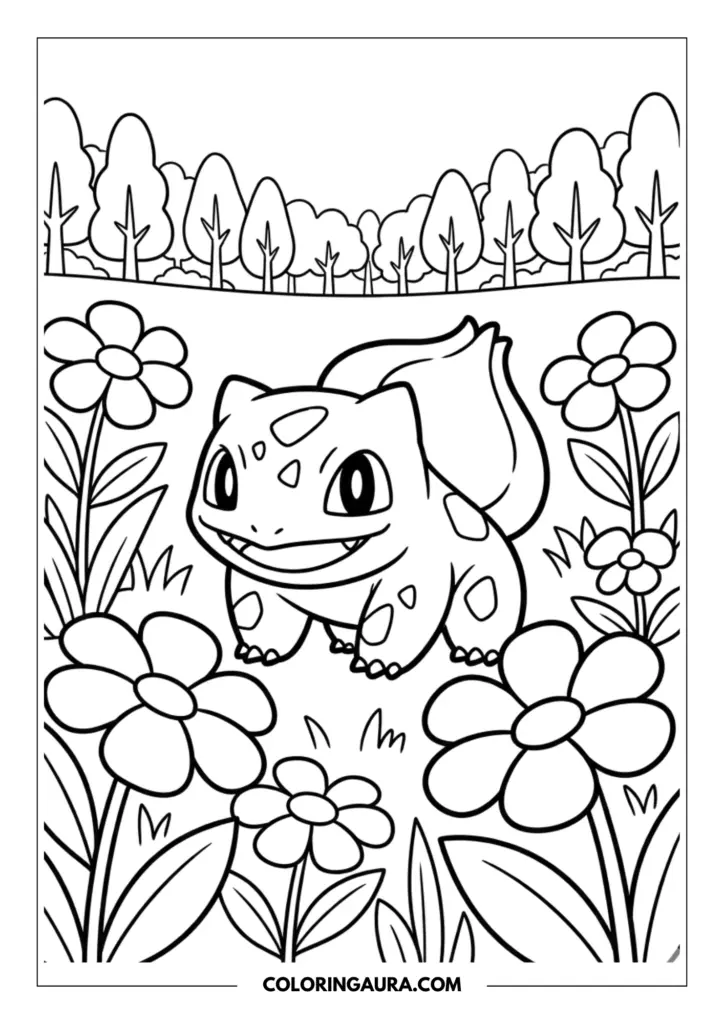 Line art coloring page showing Bulbasaur smiling in a field of large daisies with a dense forest of rounded trees in the background.