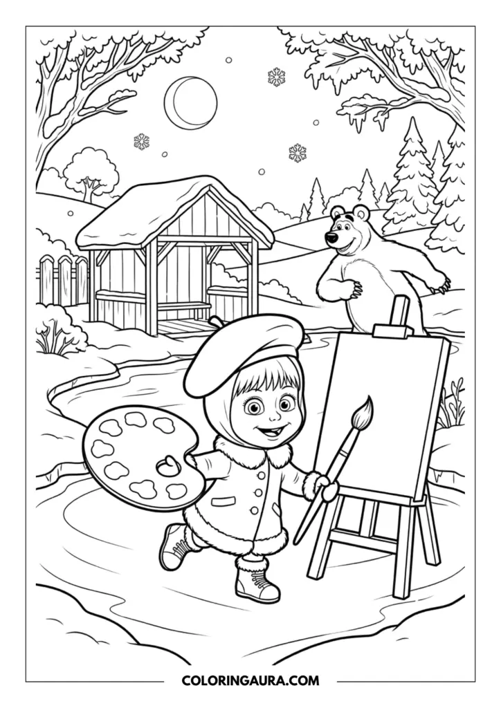 Line art coloring page showing Masha dressed in a winter coat and beret, holding a paint palette and brush. She stands next to an easel by a frozen pond with the Bear nearby.