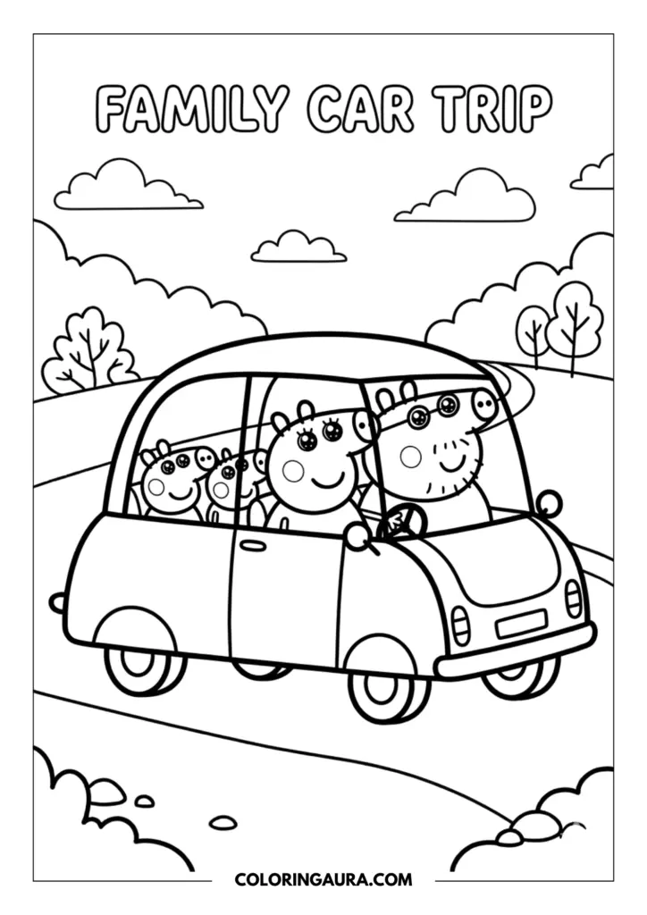 Line art coloring page showing the Pig family on a car trip adventure with Daddy Pig driving and everyone wearing happy, sparkling expressions.