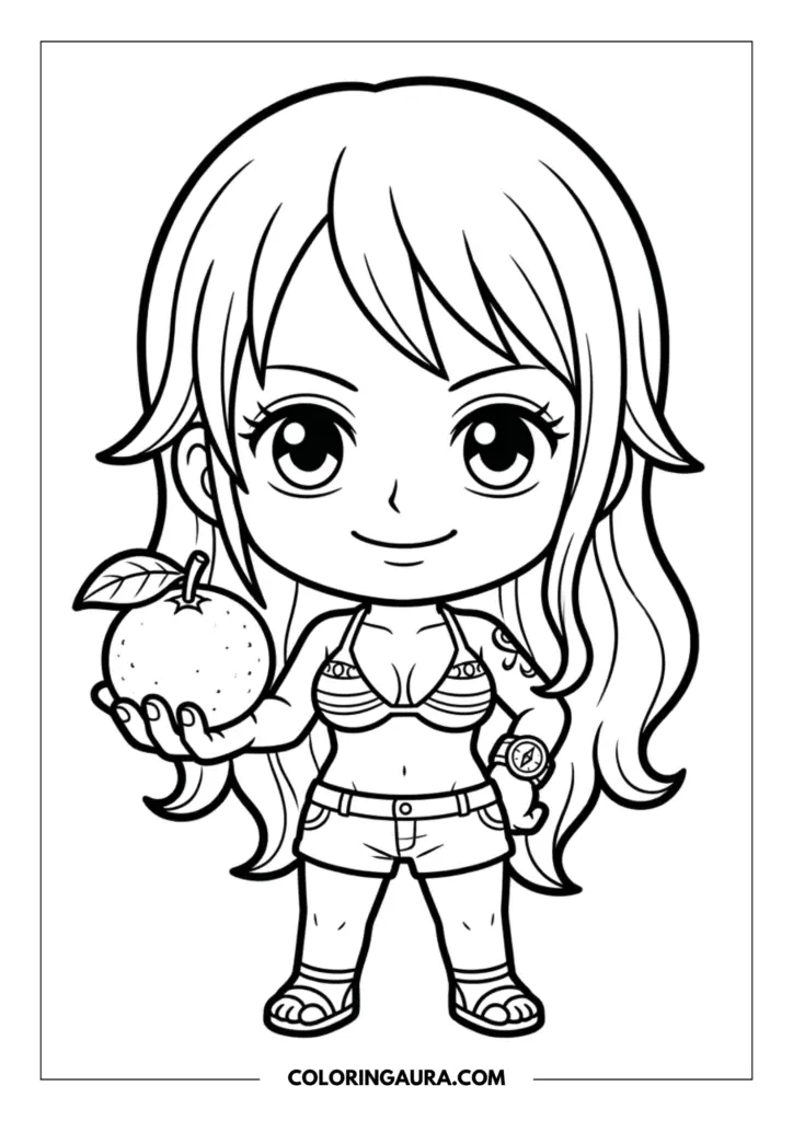 Line art coloring page showing a sweet chibi Nami with long wavy hair and large eyes, wearing her signature outfit and holding a textured tangerine.