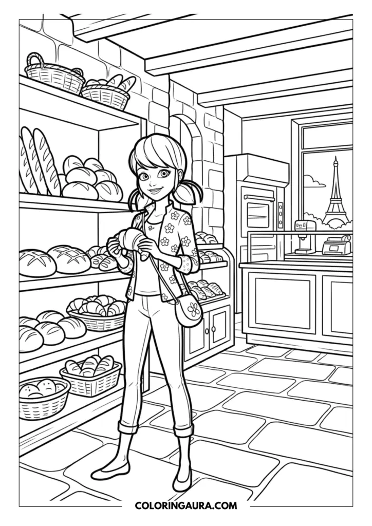Line art coloring page showing Marinette in her flower-patterned jacket holding a fresh croissant inside a cozy bakery filled with shelves of bread and baguettes.