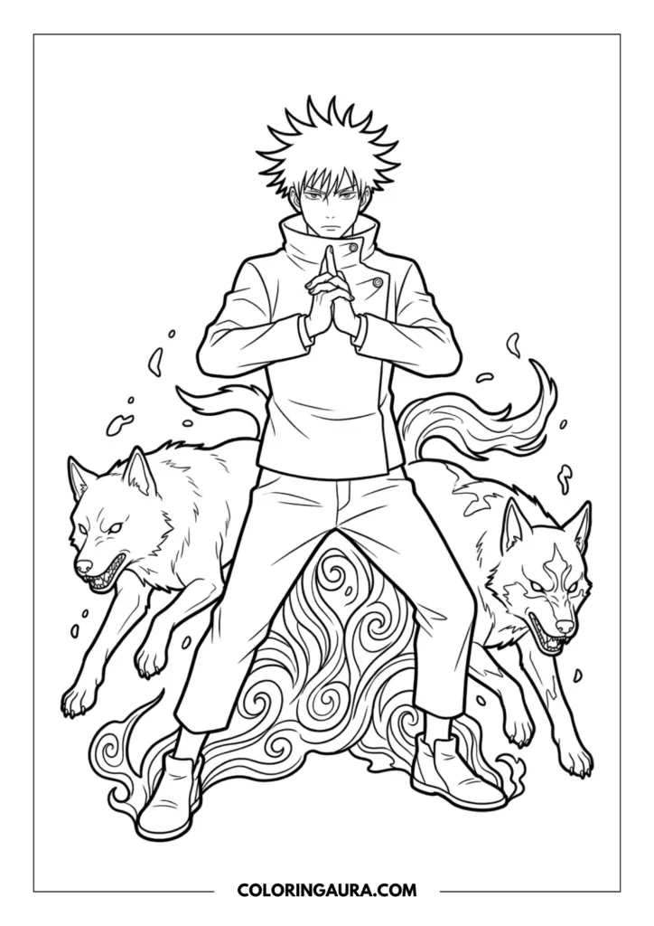 Line art coloring page showing Megumi Fushiguro performing a shadow puppet hand sign with two large wolves, the Divine Dogs, and swirling cursed energy patterns.