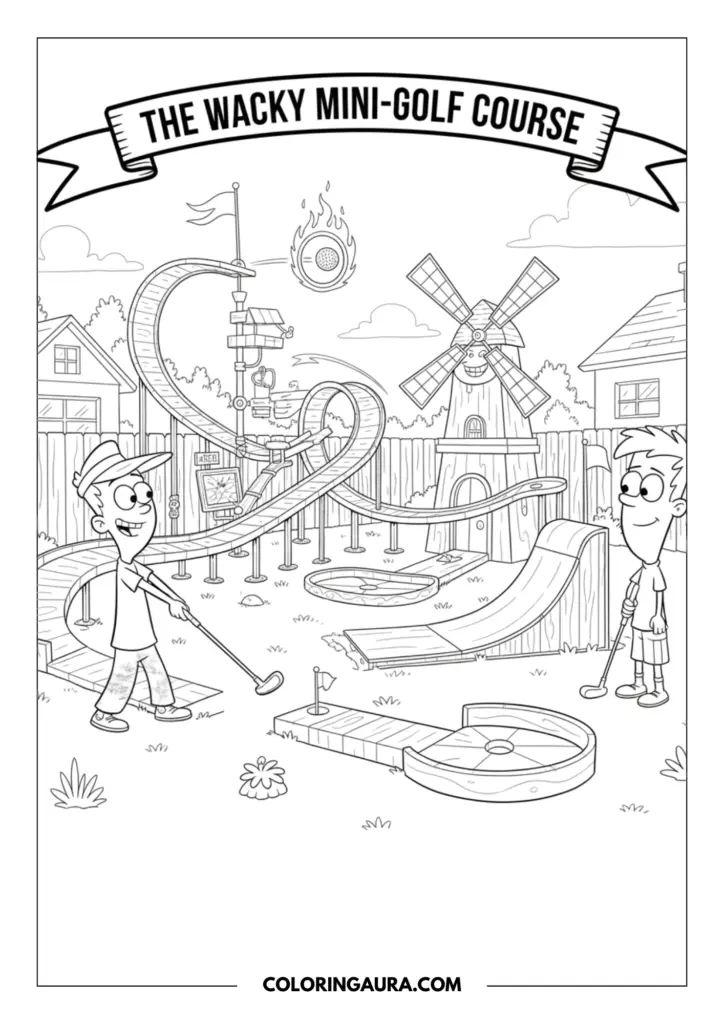Line art coloring page showing two brothers enjoying a whimsical backyard mini-golf course they built, featuring winding wooden loops, ramps, a giant friendly windmill, and a flaming golf ball in the sky.