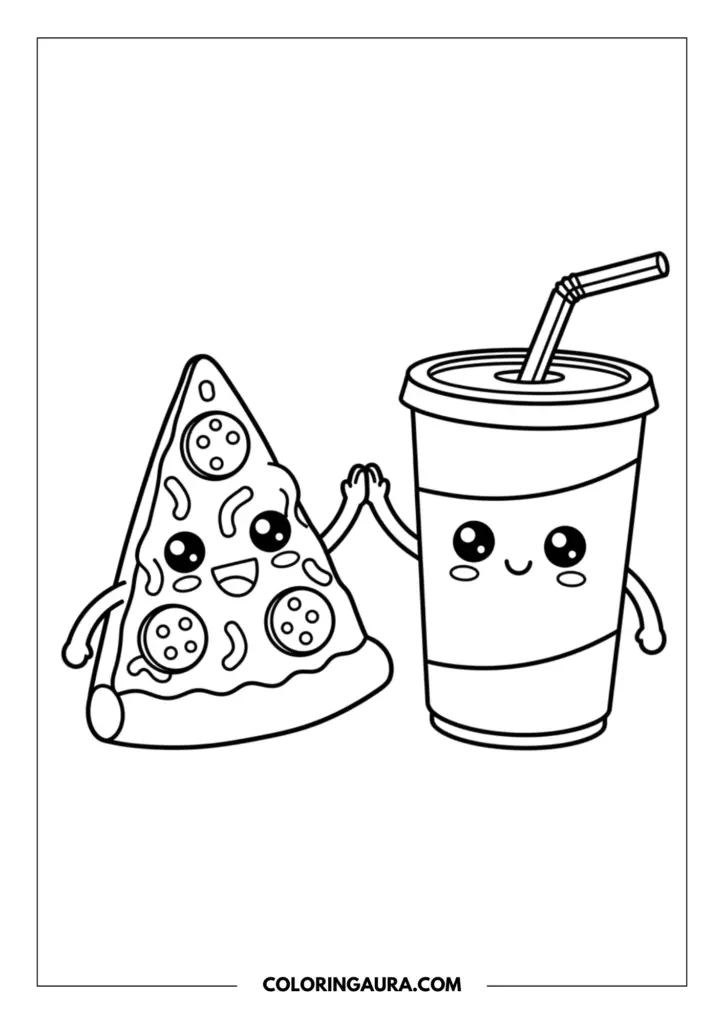 Line art coloring page showing a cute kawaii slice of pepperoni pizza and a tall paper soda cup with a straw giving each other a cheerful high-five. They both feature big sparkling eyes, little arms, and huge happy smiles. Clean black and white outlines, perfect for coloring.