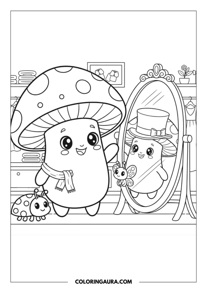 Line art coloring page showing a cute mushroom character wearing a cozy scarf, looking into an ornate oval mirror. The magical reflection shows the mushroom wearing a top hat, accompanied by a gentle ladybug and a happy butterfly.
