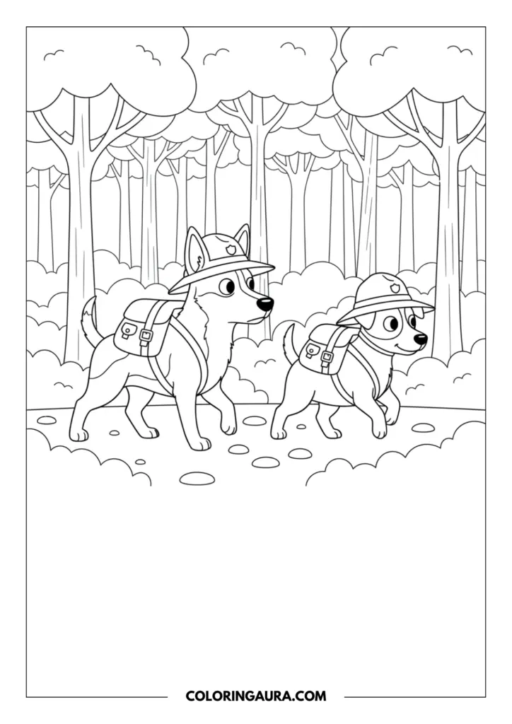 Outline of Rusty the Kelpie and Jack the Jack Russell Terrier excitedly playing army in a beautiful, quiet forest. Both pups are wearing traditional slouch hats and matching backpacks while walking on a nature trail surrounded by tall, dreamy trees.