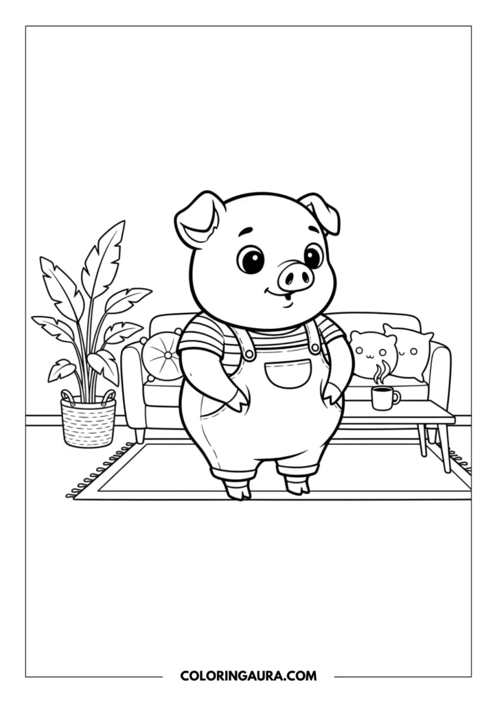 Line art coloring page showing a happy cartoon pig standing in a cozy living room wearing cute denim overalls and a striped shirt. The smiling pig has its hands in its pockets, with a comfortable sofa, adorable animal-shaped pillows, a potted plant, and a steaming mug on a coffee table in the background.