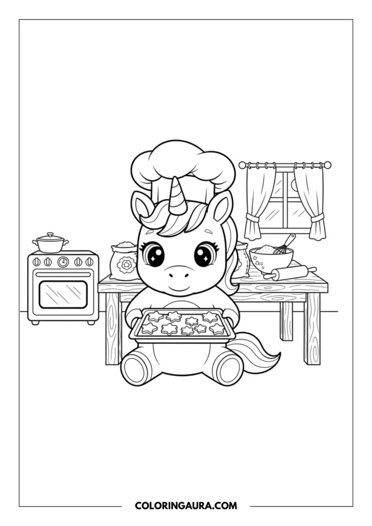 Line art coloring page showing an adorable baby unicorn with big sparkly eyes wearing a giant chef's hat while holding a tray of freshly baked star cookies. The cozy kitchen background includes a simple oven, a wooden table with a rolling pin, and a cute window.