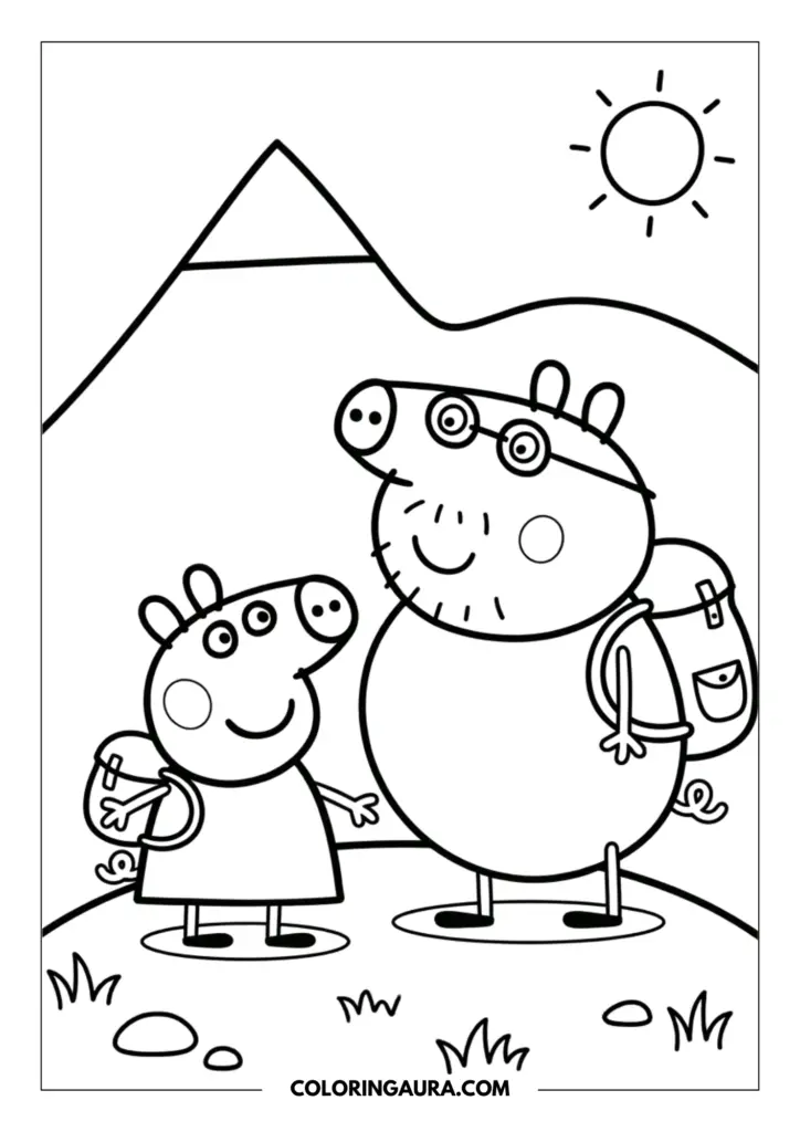 Line art coloring page showing Peppa Pig and Daddy Pig wearing backpacks while hiking on a gentle mountain trail under a bright, warm sun.