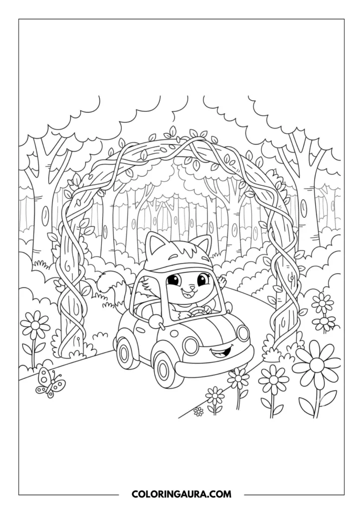 Line art coloring page showing Carlita, the half-cat half-car character, driving happily along a peaceful outdoor path. She is passing under a beautiful, intricate archway woven from twisting vines and leaves, surrounded by bright, simple daisies and a gentle butterfly fluttering nearby.