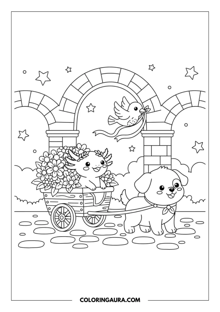 Line art coloring page showing a cute, smiling axolotl wearing a little flower crown, sitting inside a wooden wagon overflowing with beautiful daisy flowers. An adorable, chubby puppy is happily pulling the wagon along a cobblestone path. Above them, a sweet little bird flies while carrying a ribbon in its beak. The dreamy background features simple stone arches and a night sky filled with bold, twinkling stars. Clean, thick outlines in a simple kawaii style.