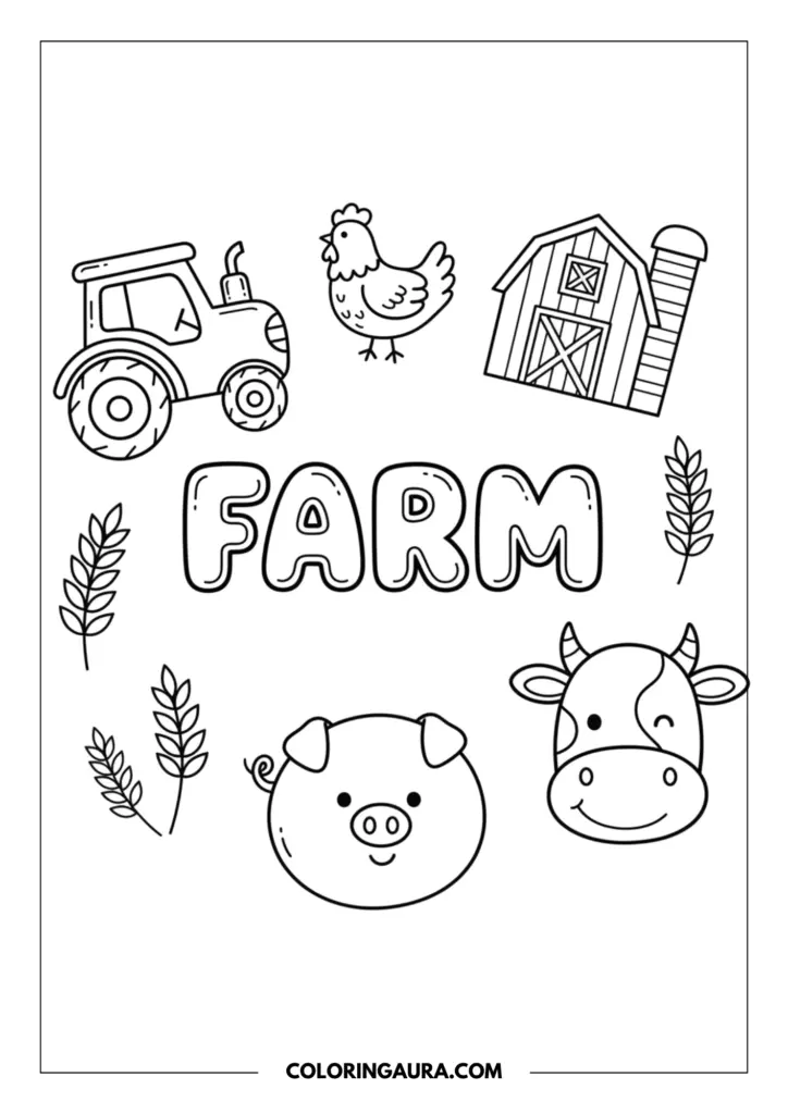 Outline of a delightful farm doodle collage. The word "FARM" rests in the center in bold bubble letters, surrounded by cute line art of a chunky tractor, a cozy barn with a silo, a friendly hen, a round smiling pig, a winking cow face, and little stalks of wheat.