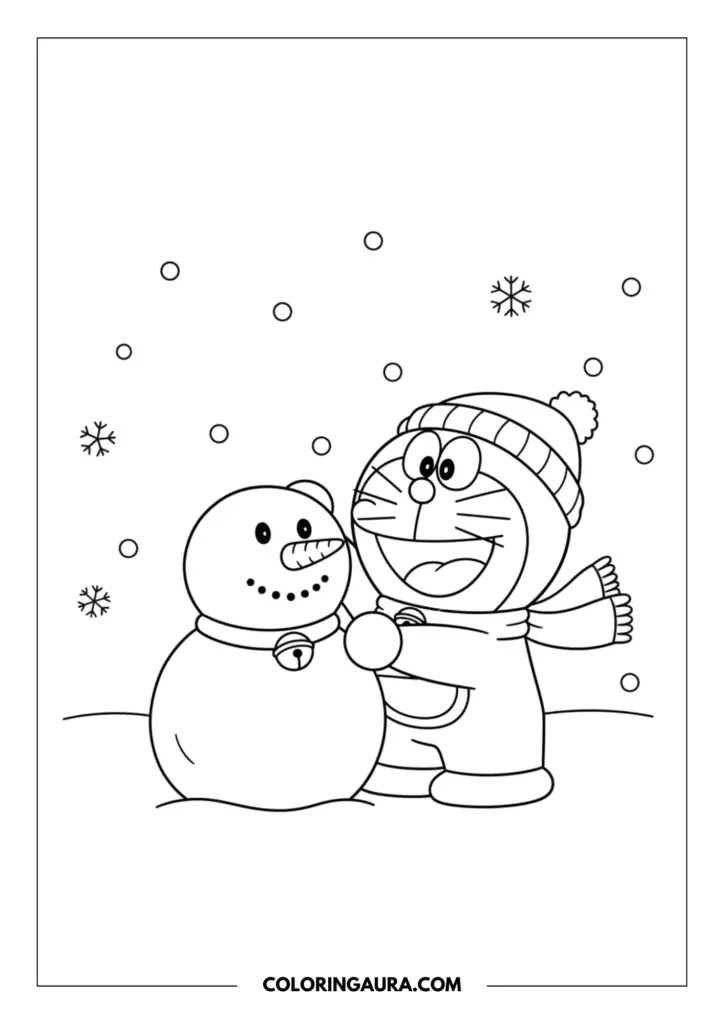 Line art coloring page showing Doraemon happily building a sweet snowman in the winter snow. He is wearing a cozy winter hat and a warm striped scarf, with simple, delicate snowflakes falling gently in the background. Clean, crisp outlines, pure white background.