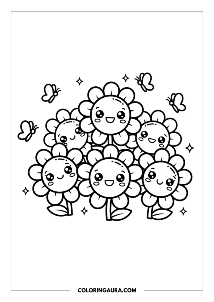 Line art coloring page showing a happy cluster of six kawaii daisies with big eyes and sweet smiles, surrounded by tiny fluttering butterflies and magical stars.