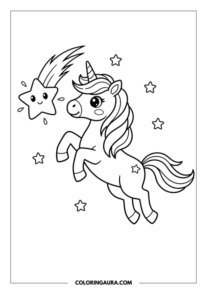 Outline of a joyful kawaii unicorn prancing in the sky next to a smiling shooting star and several smaller twinkling stars.