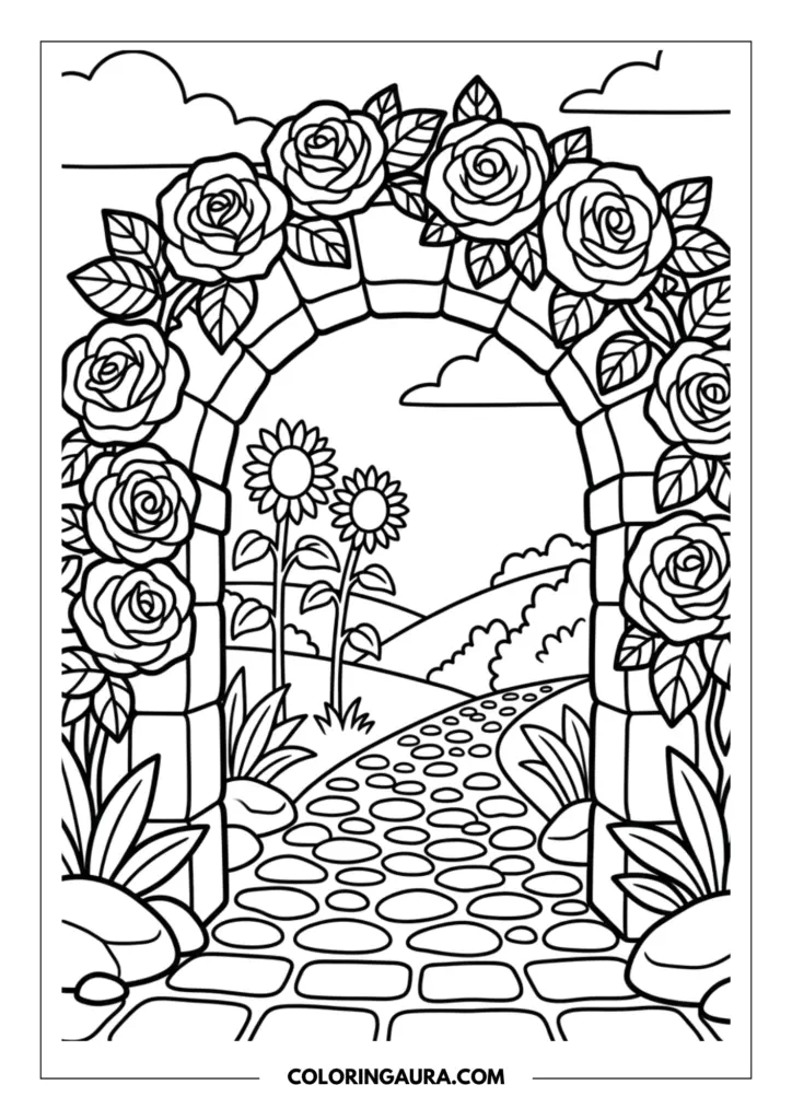 Line art coloring page showing a stone garden archway covered in thick roses leading to a pebble path with tall sunflowers and distant hills.