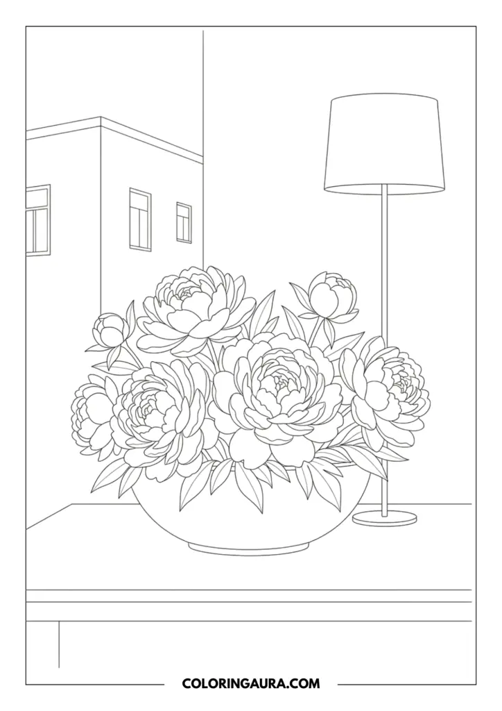 Line art coloring page showing a lush bowl filled with blooming peonies and tight flower buds, set in a cozy interior with a modern floor lamp and a simple city building view.