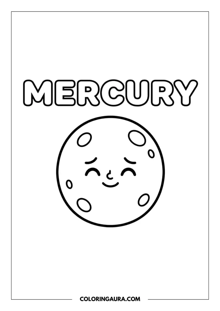 Line art coloring page showing the planet Mercury as a small, cute character with simple crater details and a shy smile, perfect for beginners.