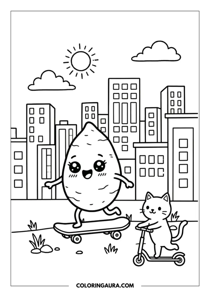 Line art coloring page showing a cute sweet potato with big sparkly kawaii eyes, riding a skateboard with a smiling cat friend on a scooter. A simple city skyline with buildings forms the background, under a sun and clouds.