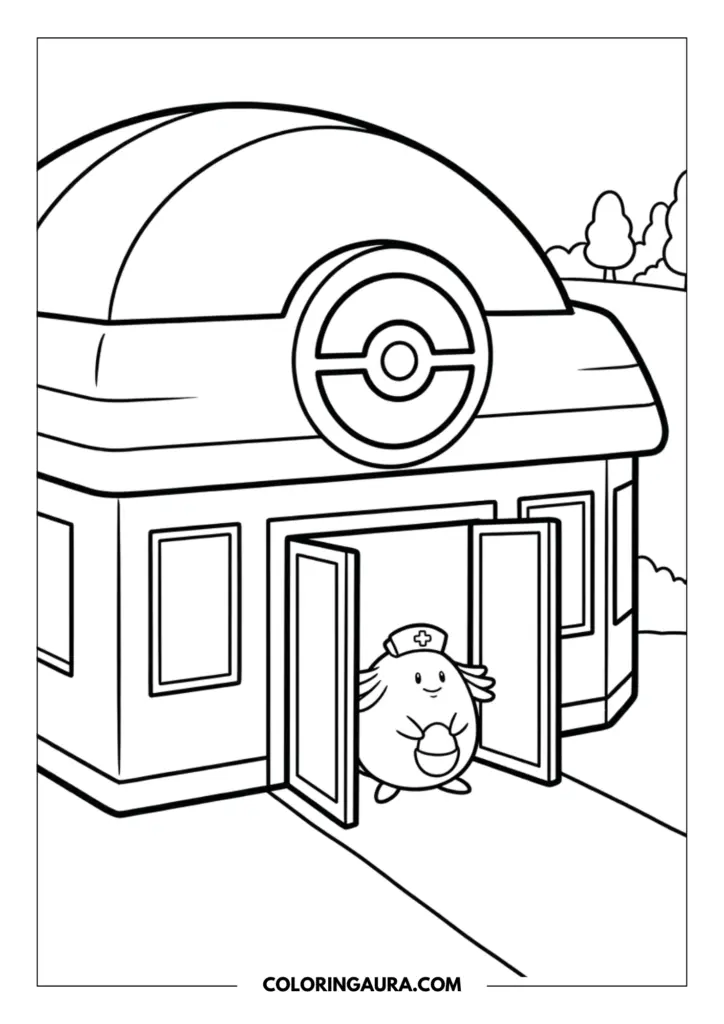 Line art coloring page showing the exterior of a Pokemon Center building with its iconic roof and Chansey standing in the open doorway.