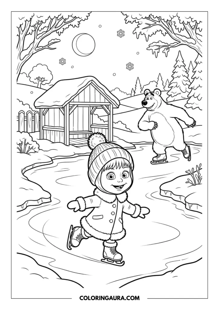 Outline of Masha ice skating on a frozen pond, wearing a winter hat and coat. In the background, the Bear is also skating near a snowy cabin, pine trees, and a crescent moon.
