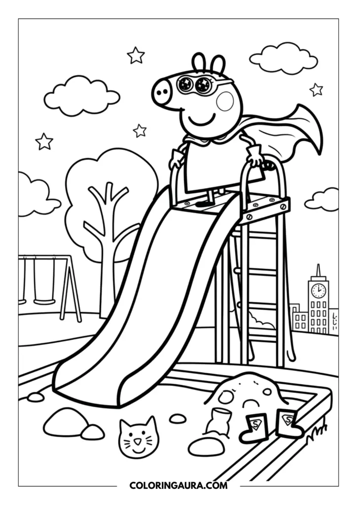Line art coloring page showing Peppa Pig dressed as a superhero with a cape and mask standing at the top of a playground slide under a starry sky.